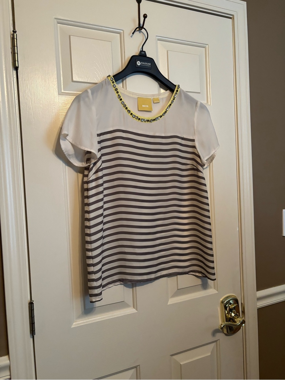 Mauve Striped Short-Sleeve Blouse with Beaded Neckline - Cream & Gray